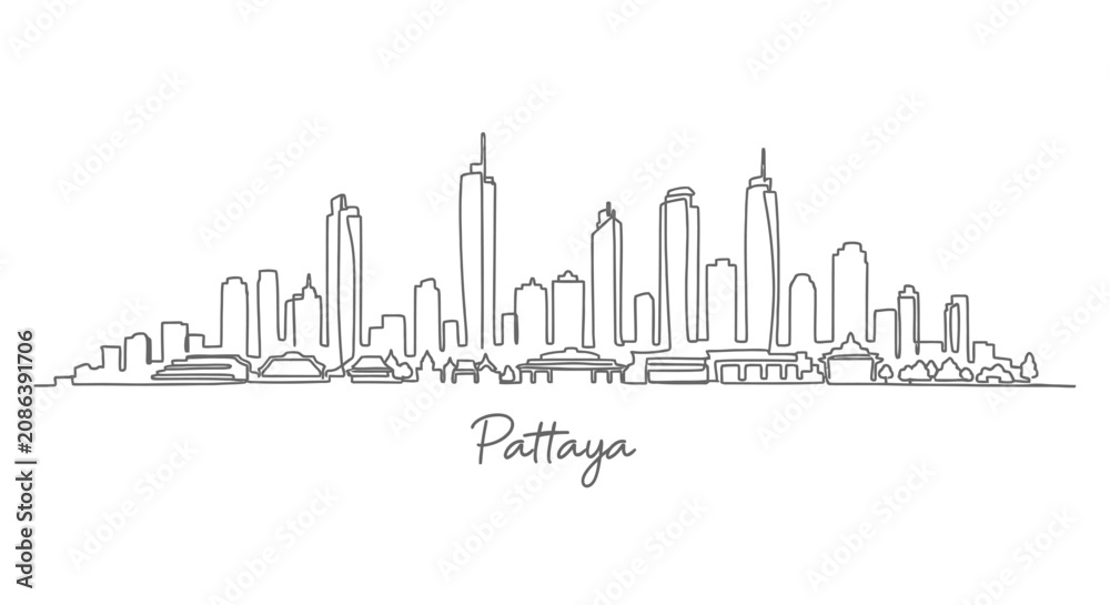Fototapeta premium Pattaya Cityscape Line Art Drawing, Minimalist Thailand Illustration