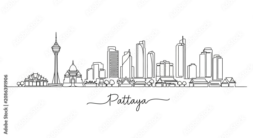Fototapeta premium Pattaya Cityscape Skyline in Minimalist Line Art