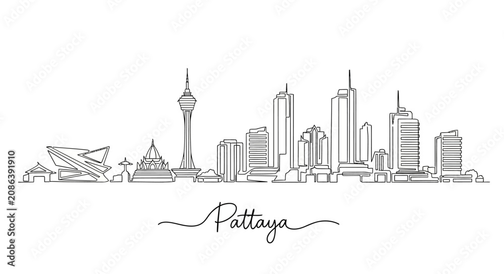 Fototapeta premium Pattaya cityscape skyline, Thailand, modern architecture, continuous line drawing