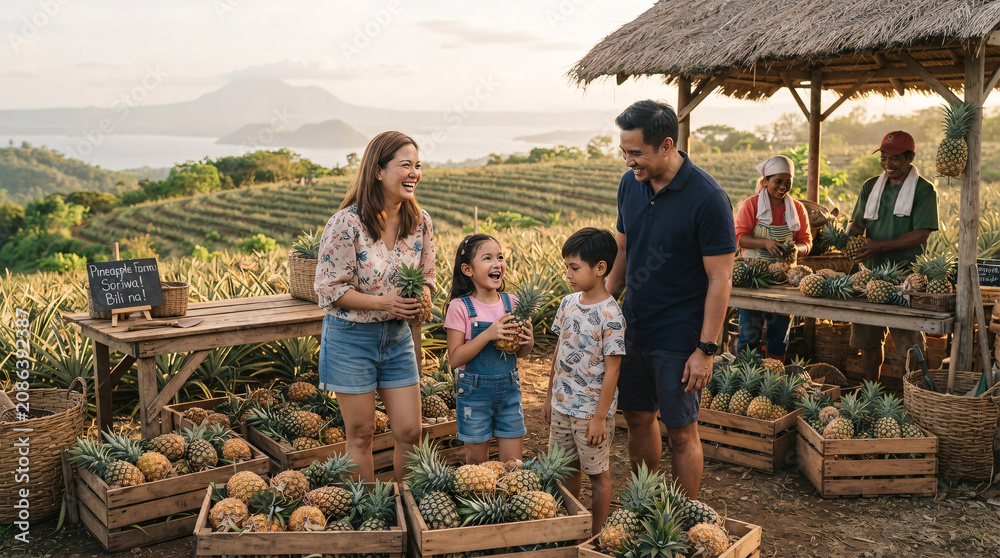 Obraz premium Family visiting a pineapple farm and selecting fresh fruit during a scenic countryside outing