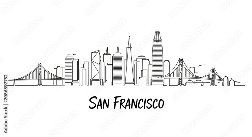 Fototapeta premium San Francisco Skyline Illustration, Black and White, Cityscape