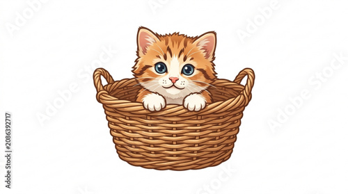 Cute orange kitten in wicker basket, adorable pet vector illustration, feline friend, basket kitty