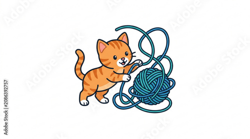 Cute orange kitten, playing with yarn ball, vector illustration, pet fun