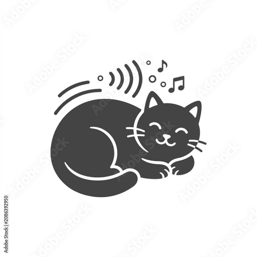 Black cat icon, musical cat symbol, feline sound wave, cartoon pet illustration