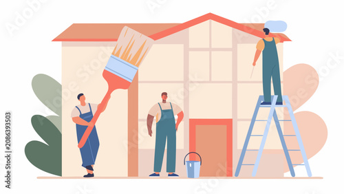 Construction workers painting house exterior, renovation team, house painting, laborers