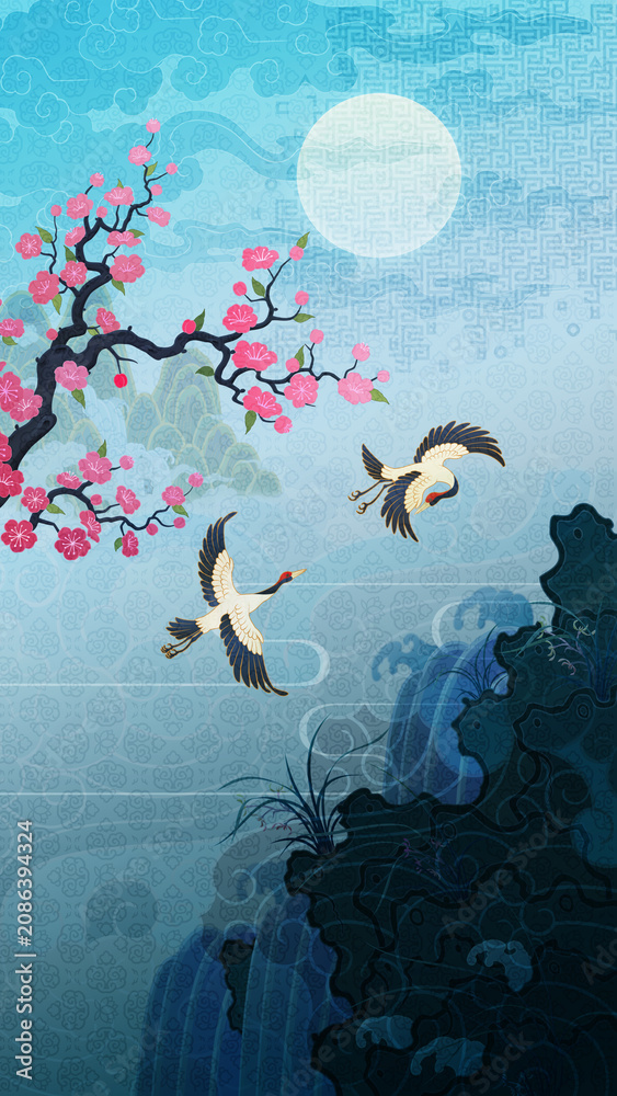 Fototapeta premium Oriental-style landscape painting illustration, traditional Korean art, image of a folding screen featuring plum blossoms, with a crane