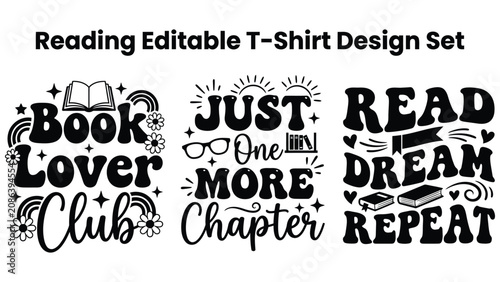 Foto Reading Editable TShirt Design Set with Book Lover Club and Typography