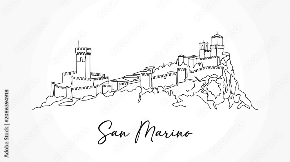 Obraz premium San Marino Fortress Line Art Illustration, Black and White, Tourist Destination