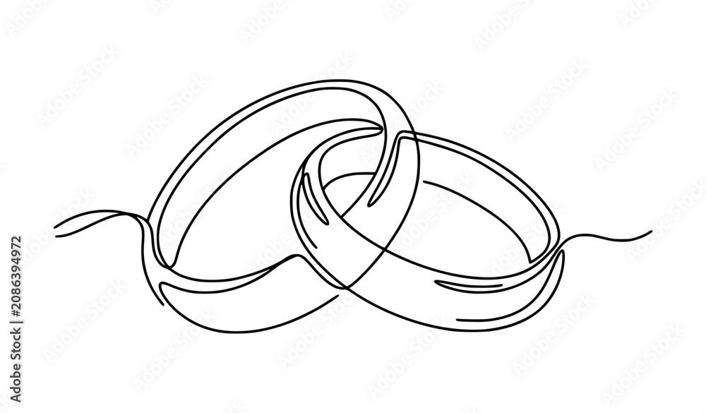 Obraz premium Continuous one line drawing of interlocking wedding rings minimalist outline editable vector EPS illustration isolated on white