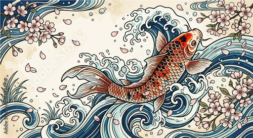 Majestic koi vector swimming through waves and cherry blossoms.