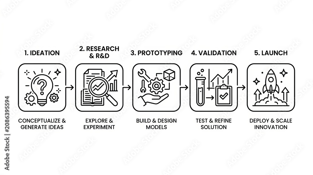 Fototapeta premium Illustration of the five key stages in a successful product development lifecycle.