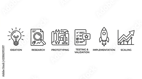 Vector icons representing stages of the creative and learning process in education.