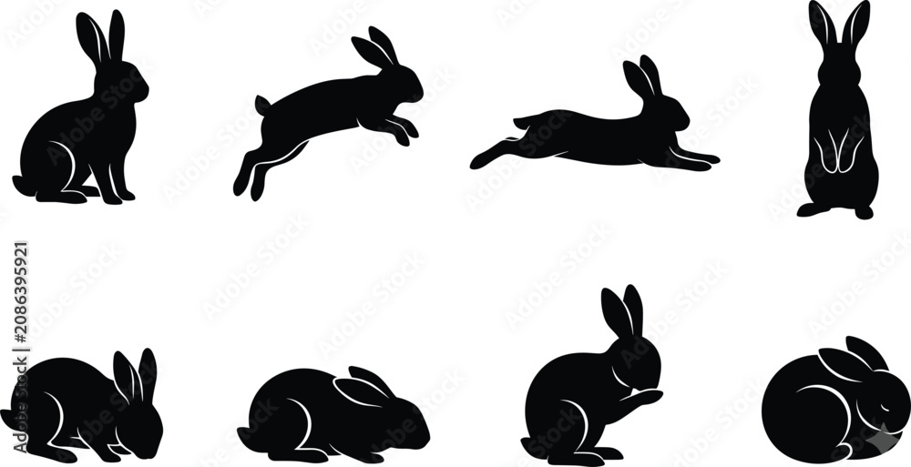 Obraz premium Black Silhouette Vector Collection of Rabbits in Various Natural Poses for Animal Design Projects