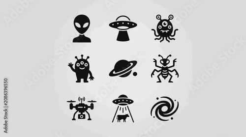 Alien Icons: UFO, Spaceship, Robots, Monsters, Cosmos & Sci-Fi Symbols