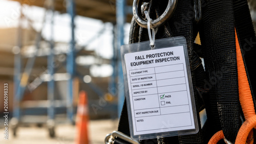 Fall protection equipment inspection tag hanging from safety harness hook at construction site, workplace safety compliance check