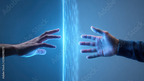 Two hands reaching toward each other across glowing blue light barrier, symbolizing distance and connection on soft blue gradient background