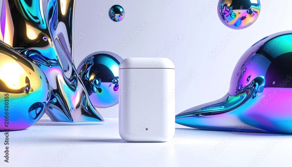 Fototapeta premium A white rectangular charging case stands before iridescent, amorphous shapes and floating spheres