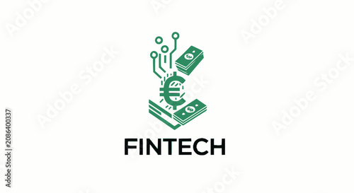 Fintech logo icon with euro symbol circuit board and banknotes representing digital finance technology.