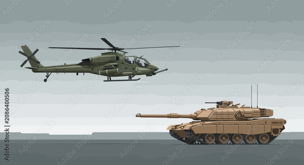 Fototapeta premium Military Helicopter and Tank, Army Hardware in Action, Armored Vehicle Combat
