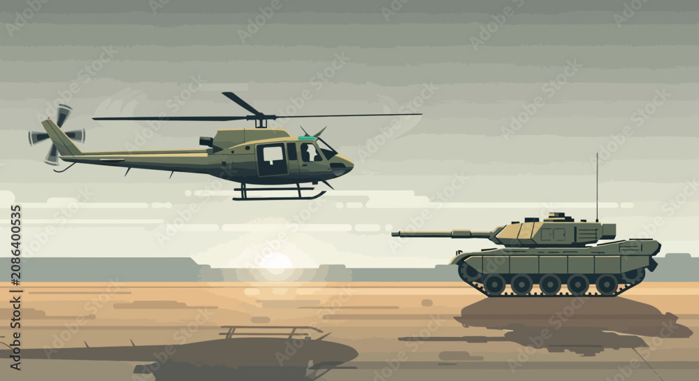 Fototapeta premium Military Helicopter and Tank Silhouette in Digital Art.