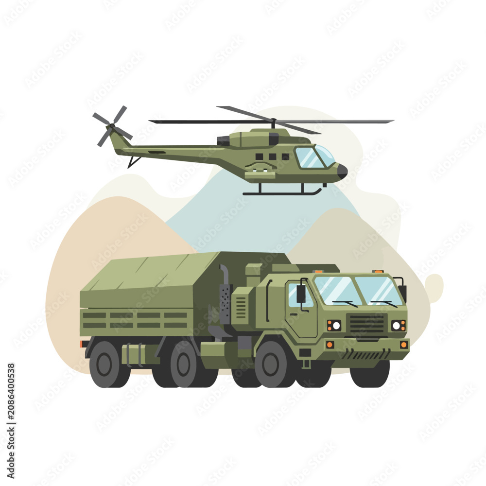 Fototapeta premium Military helicopter and truck illustration on abstract background