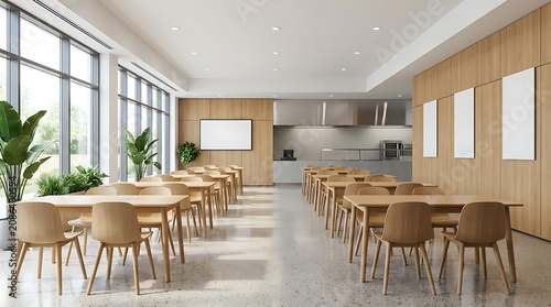 Modern cafeteria interior with wooden tables and chairs and large windows