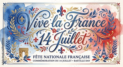 Ornate greeting card for bastille day with watercolor decorations