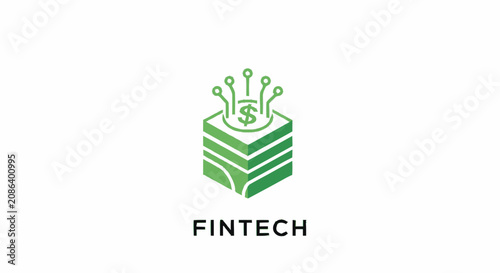 Fintech logo icon with green blockchain cube and dollar sign circuit board on white background.