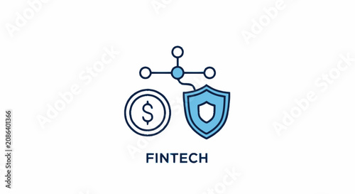 Fintech security icon showing dollar coin shield and network connection nodes.