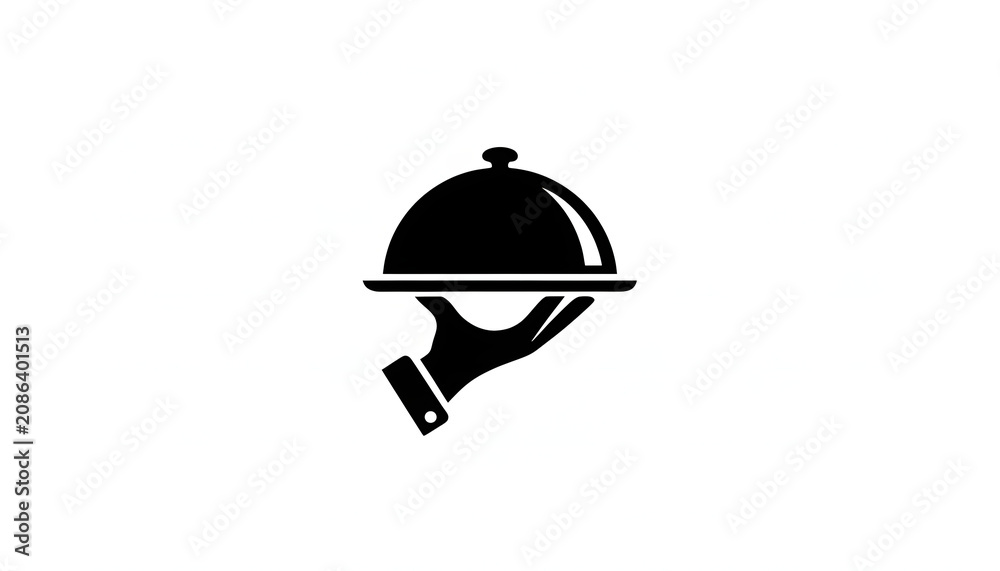 Fototapeta premium Black and white icon of a waiter hand holding a food serving cloche tray