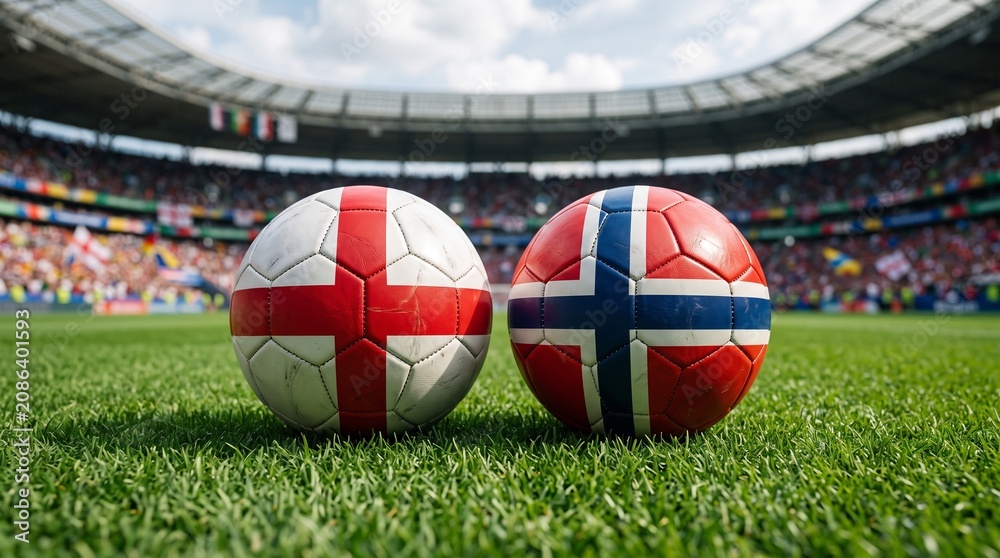 Fototapeta premium Two soccer balls with flags of England and Norway on a green grass pitch in a crowded stadium before an international football match