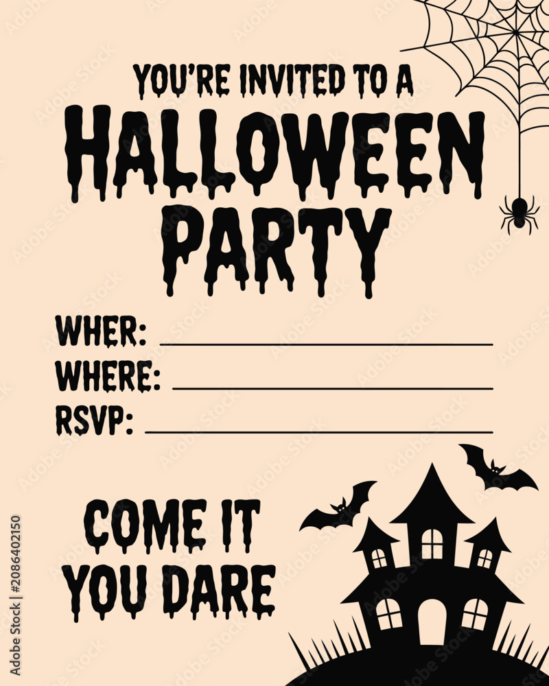 Obraz premium Customizable Halloween party invitation with a haunted house bats and spider web