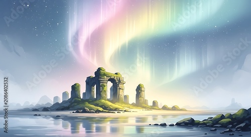 Aurora ruins on island.