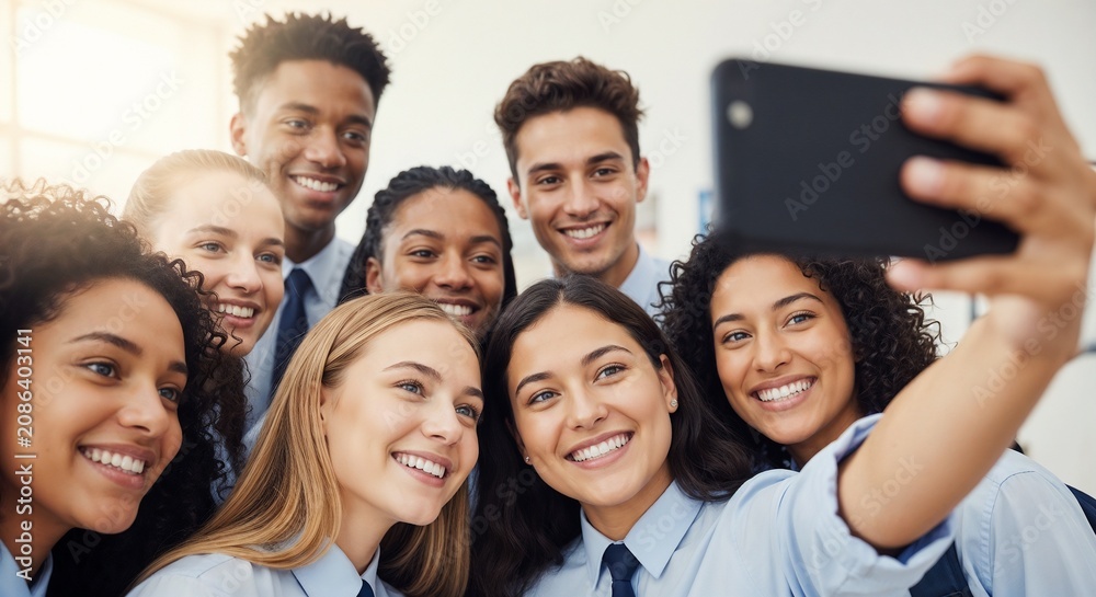Fototapeta premium Group of students taking cheerful selfie in classroom environment, capturing joyful moment together. Students display friendship and connection while enjoying time at school.
