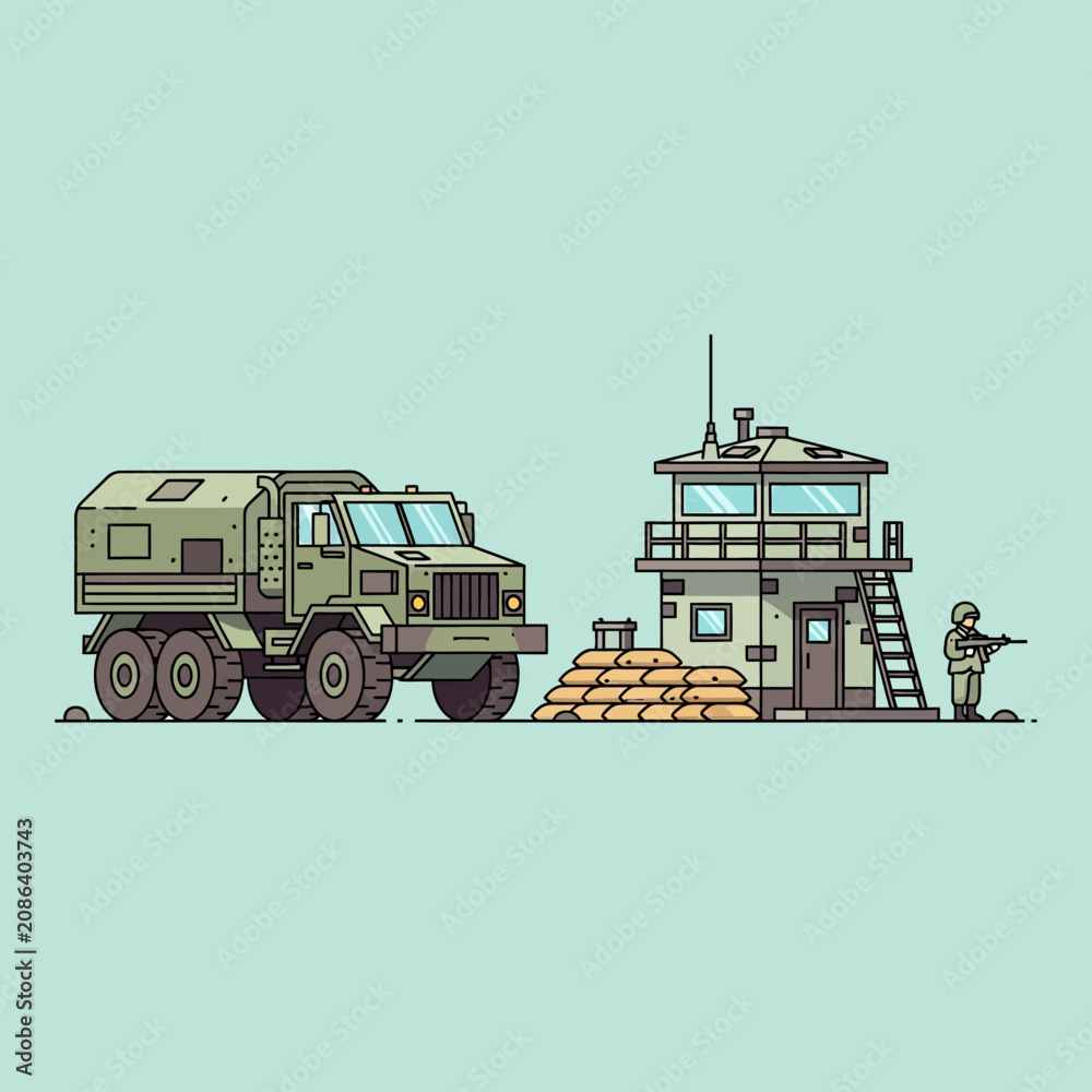 Fototapeta premium Military Scene Illustration: Armored Truck, Watchtower, Soldier, Combat