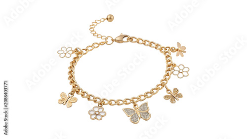Cuadro en lienzo Elegant shiny gold metallic chain bracelet jewelry accessory with charms isolate