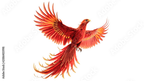 Quadro su tela Magnificent red firebird phoenix rising with wide open wings isolated on transpa