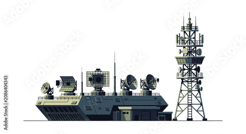 Military Radar Station Illustration, Communication Tower