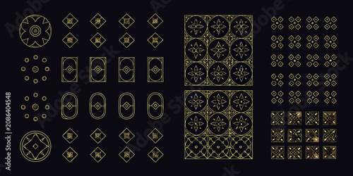 Slika na platnu Geometric Ornament Collection Golden Lines On Black Background