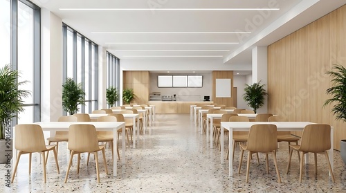 Modern dining area with natural light and wooden accents