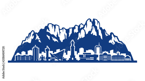 Bild auf Leinwand Blue City Skyline Silhouette Against Jagged Mountain Range