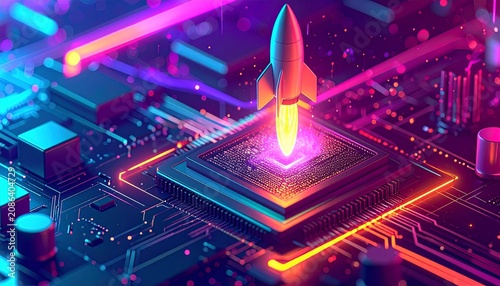 Fiery rocket with glowing flames ascends from microchip on electronic circuit board, symbolizing technological breakthrough and digital innovation in business technology, 