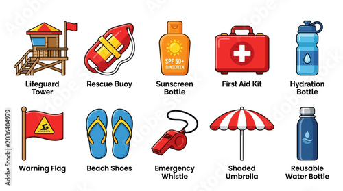 Beach safety and summer vacation accessories icon set including lifeguard equipment and sun protection