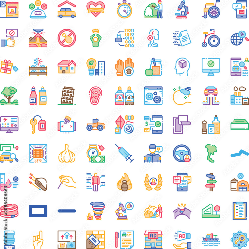 Fototapeta premium Collection of diverse colorful vector line icons showcasing a wide range of concepts including lifestyle, technology, business, travel, medicine, education, and social issues