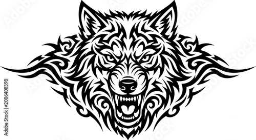 Fierce wolf head with ornate tattoo tribal vector patterns.