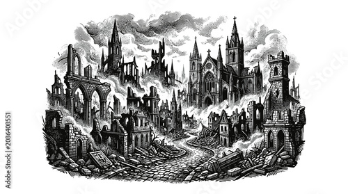 Fotografie Ruined Gothic Cityscape Illustration, Burning Medieval Architecture, Smoke and D