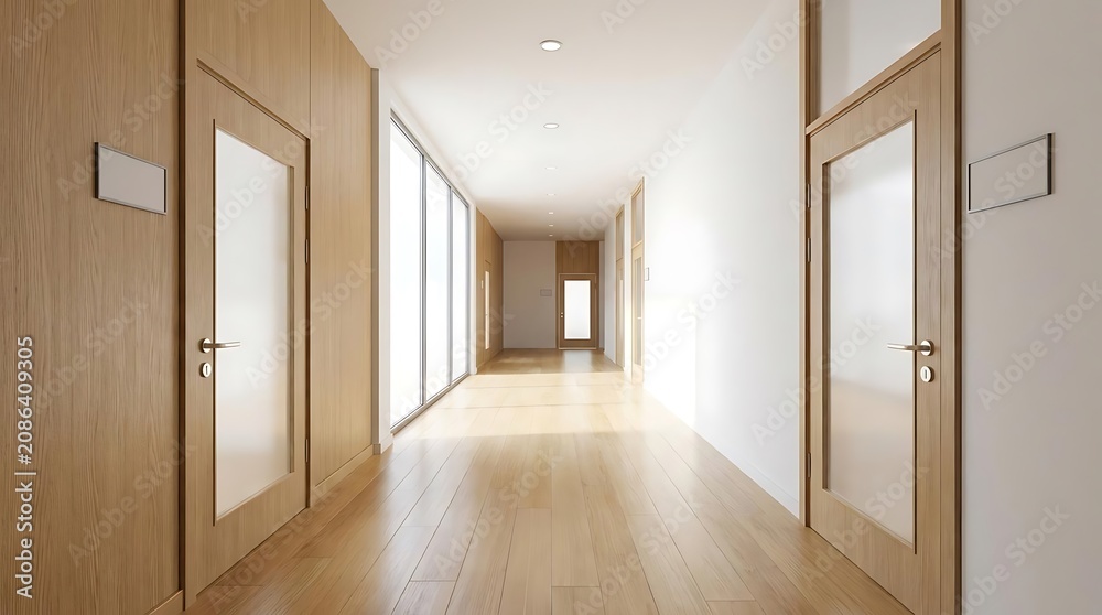 Fototapeta premium Modern interior hallway with natural light and wooden doors