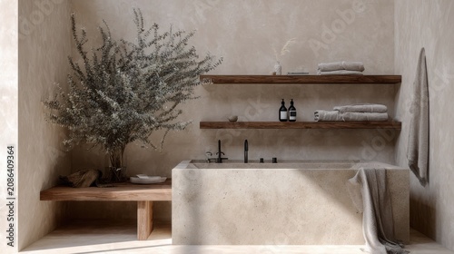 organic modern bathroom with natural stone bathtub, oak shelves, eucalyptus branches, linen towels, textured plaster walls, warm daylight, luxury spa
