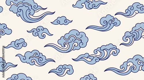 Elegant Asian-inspired seamless cloud pattern in traditional blue and white style illustration