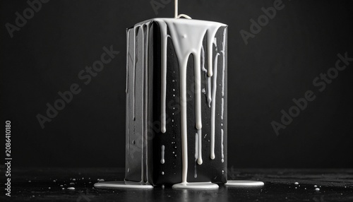 Thick white liquid pouring and dripping down a minimalist black carton against a dark background, creating a stark and high-contrast visual. concept